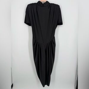 VTG 90s Women Black Sparkle Dress Tulip Hem Shoulder Pad Flutter Sleeve 13/14